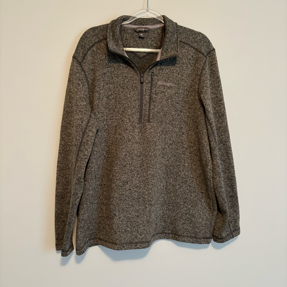 Eddie Bauer Mens Size XL Gray Pullover Sweater Quarter Zip Fleece Zip Pocket EUC